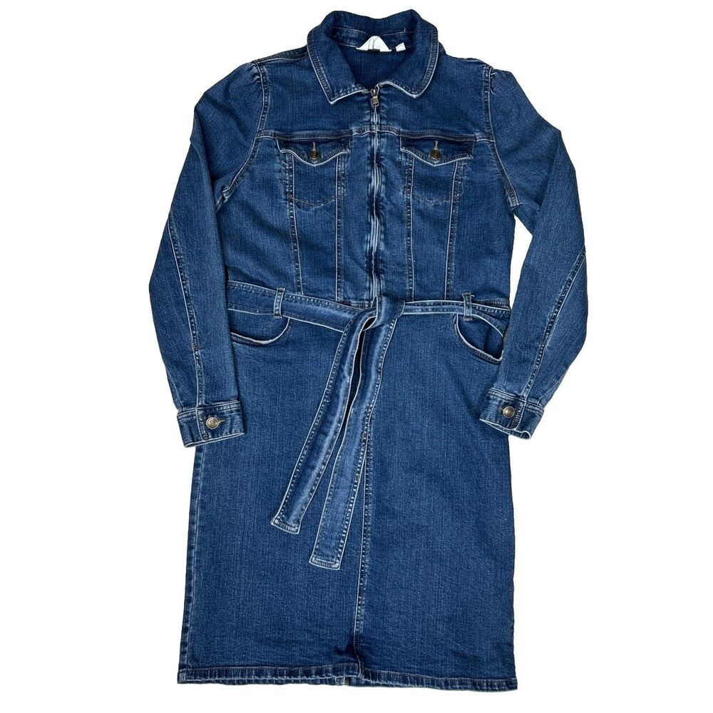 Candace Cameron Bure Pacific Denim Zip Front Dress Sz 6 Blue Belt Long Sleeve